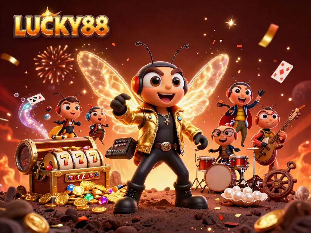 Engage with LUCKY88 through vibrant slot reels and animated characters in a casino scene.