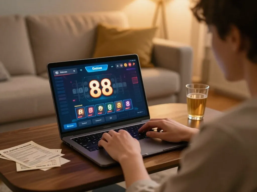 Engaging with w 88 online casino from a cozy home setup, showcasing strategic gameplay.
