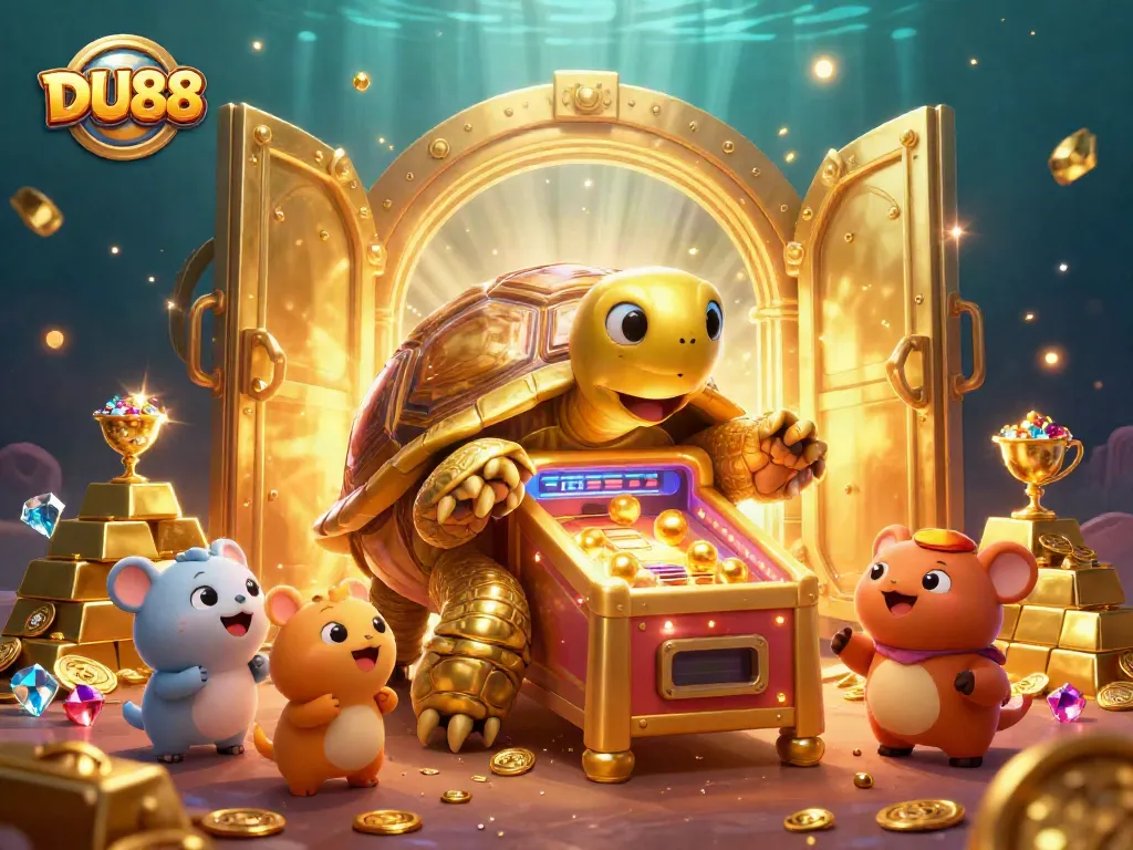 DU88 welcomes players to an exciting casino experience with a vibrant illustration of a golden tortoise and treasures.