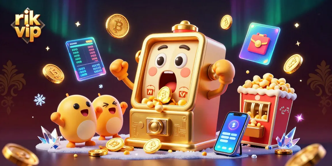 rik vip slot machine hitting jackpot with neon coins and cheerful machines