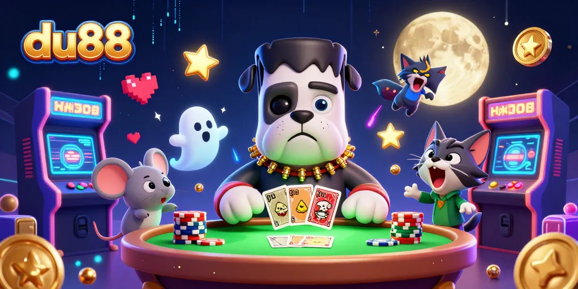 du88 - Engage in high-stakes card games at a thrilling casino table with vibrant characters.