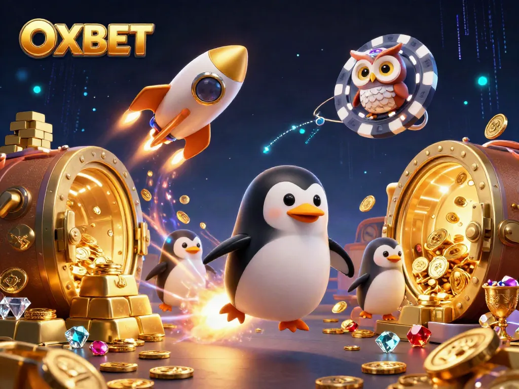 Engage with OXBET's thrilling gaming adventures featuring a golden penguin, poker chips, and treasure galore.