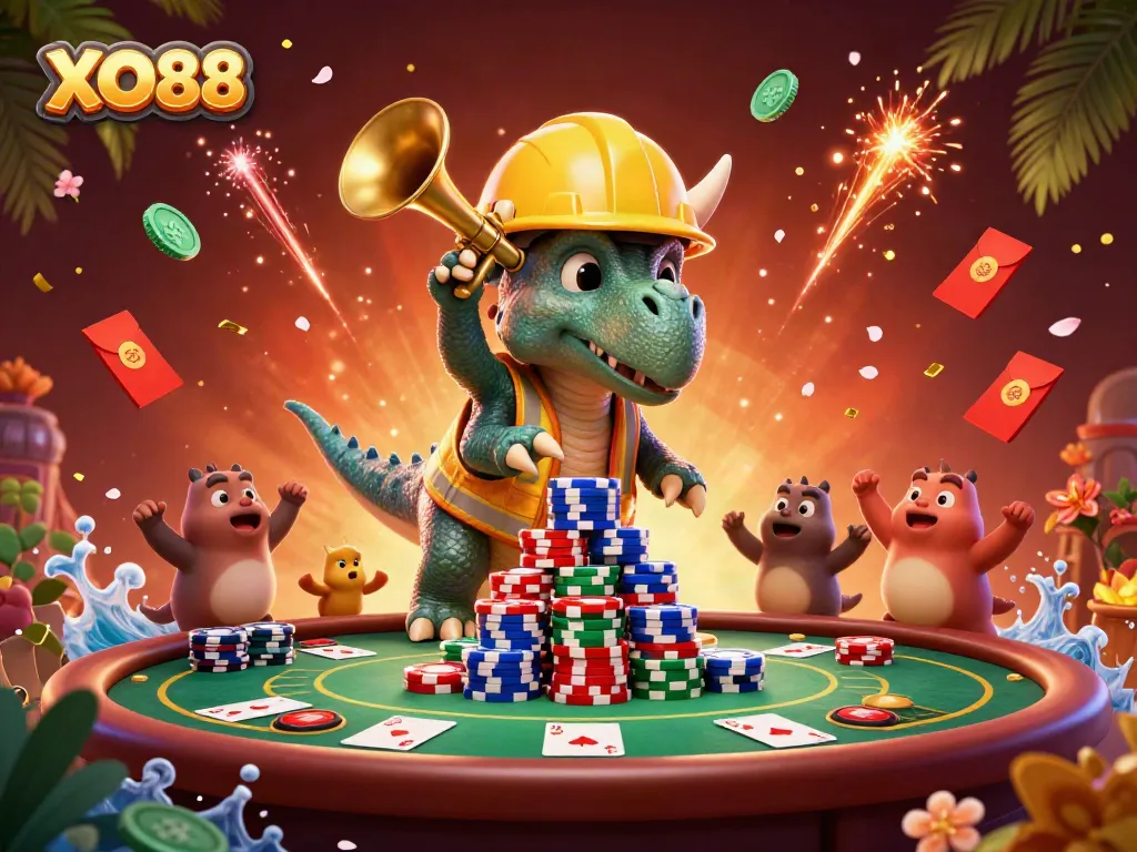 Experience the thrill of winning at XO88 with a cartoon scene of vibrant gaming elements.