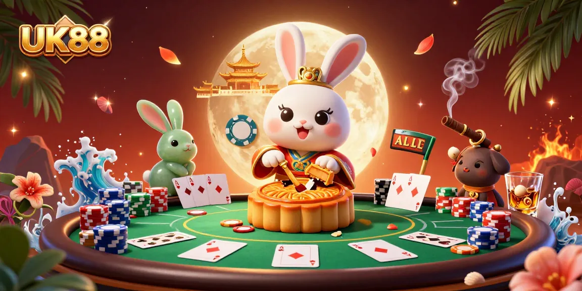 Play poker and win with UK88 in this vibrant, detailed casino-themed illustration.