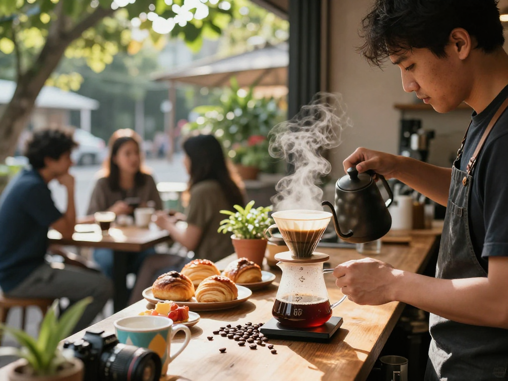 Enjoying rokok 88 coffee at an outdoor shop with inviting atmosphere.