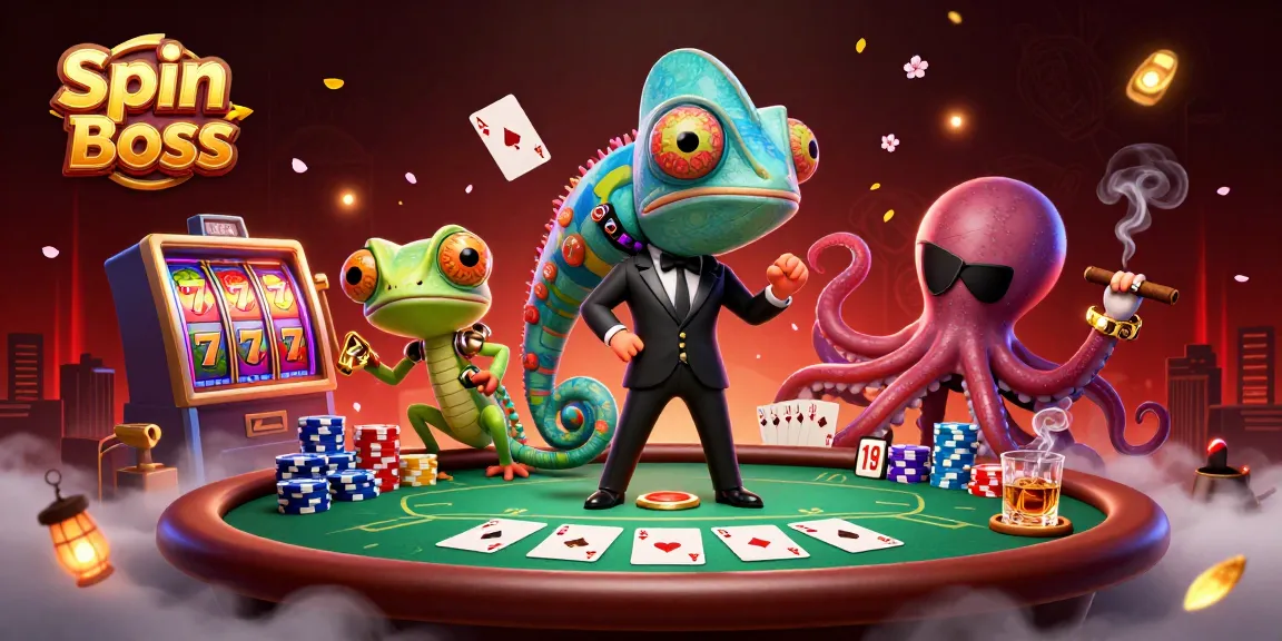 Engage with Spin Boss at the vibrant poker table filled with chips and colorful slot elements.