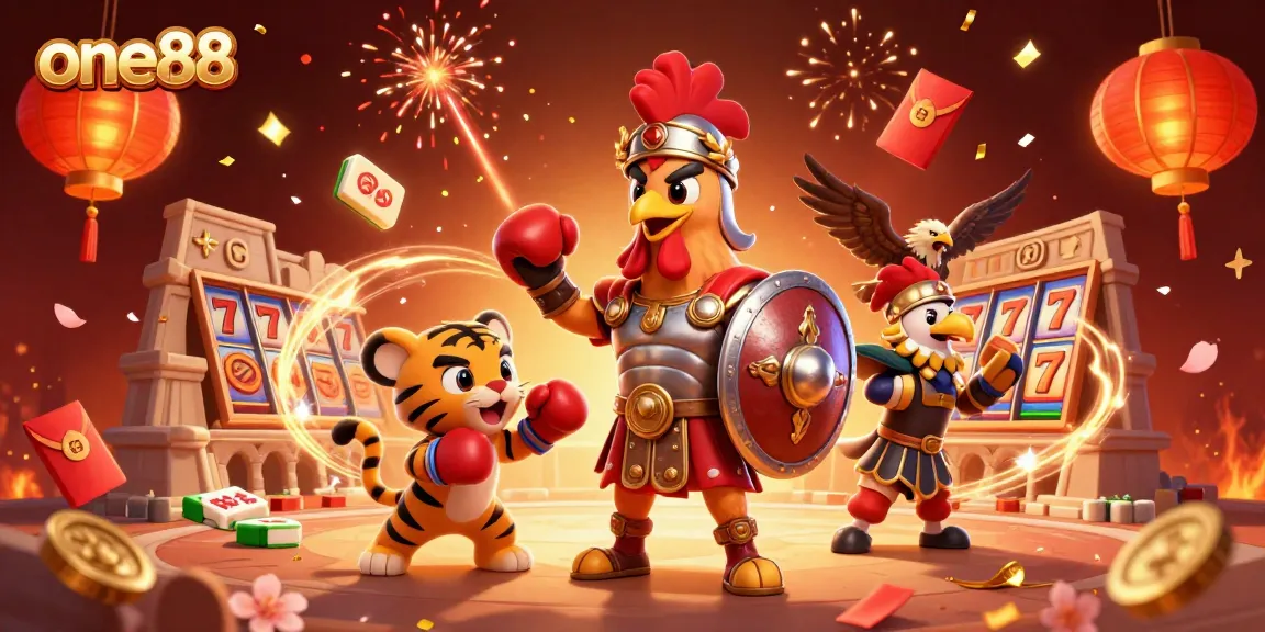 Engage in exciting gaming action with one88 as a fearless rooster and tiger cub unite in vibrant casino illustration.