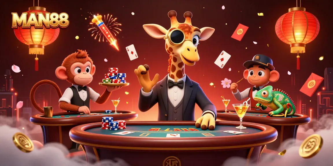 Experience thrilling poker action with MAN88 at a vibrant casino scene featuring high-roller characters.