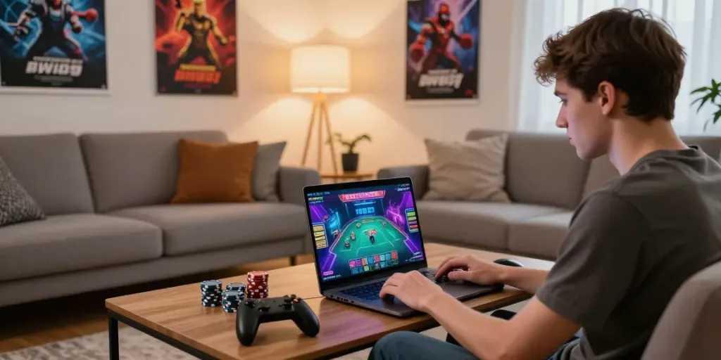 Young adult enjoying FIVE88 online gaming with vibrant visuals and cozy atmosphere.