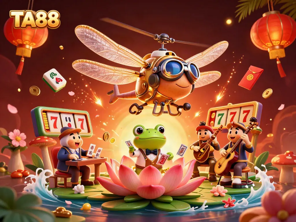 Experience TA88's lively casino scene with a dragonfly pilot and a frog croupier delighting players.