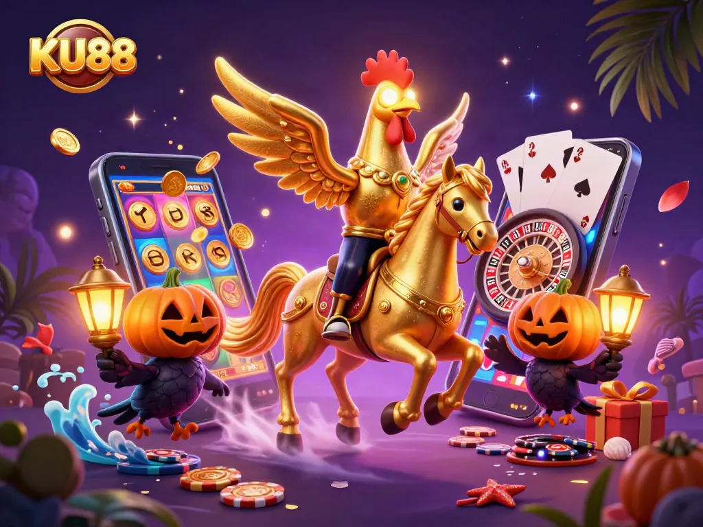 KU88 features a golden rooster and spectral horse in an exciting casino scene with vibrant slot reels.