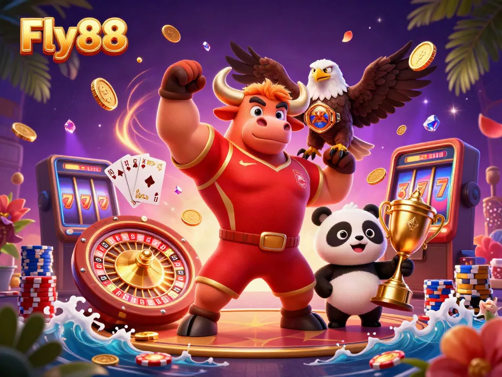 Experience the thrill of Fly88 with a bull mascot, eagle, and panda surrounded by golden coins and casino elements.
