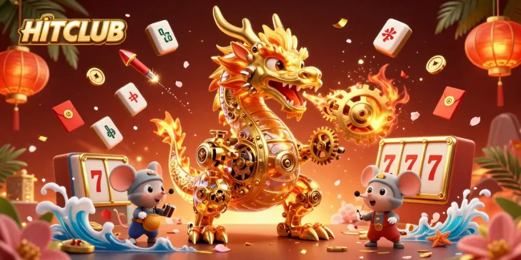 Engage in HITCLUB casino fun with a dynamic 3D illustration featuring a golden dragon and vibrant gaming elements.