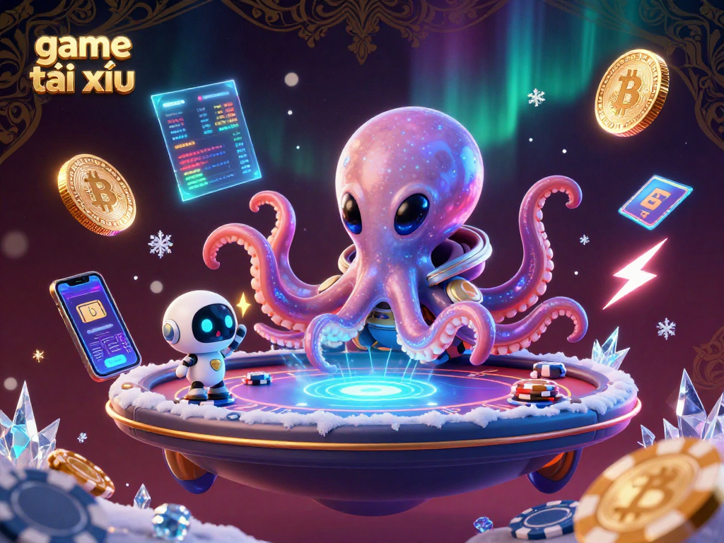 Engage with game tài xỉu as a 3D octopus runs a holographic poker table amidst neon crypto elements.