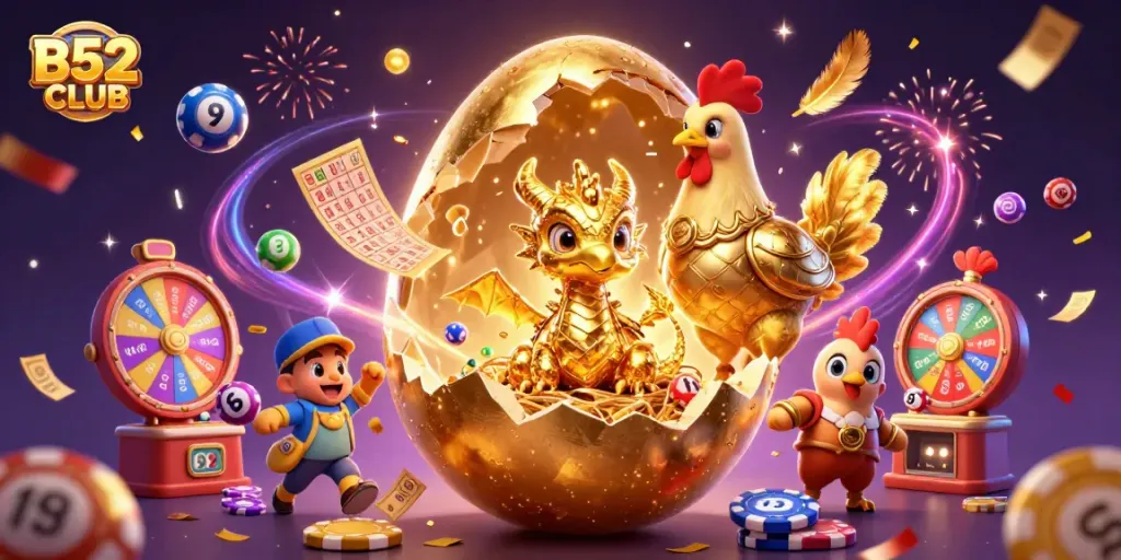 B52CLUB brings excitement with a golden dragon amidst casino games and prizes.