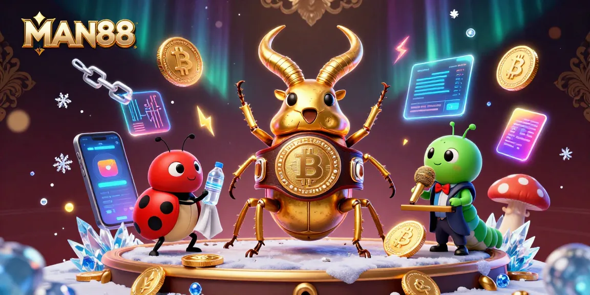 Experience MAN88 with a dynamic scene showcasing vibrant 3D characters and cryptocurrency elements in action.