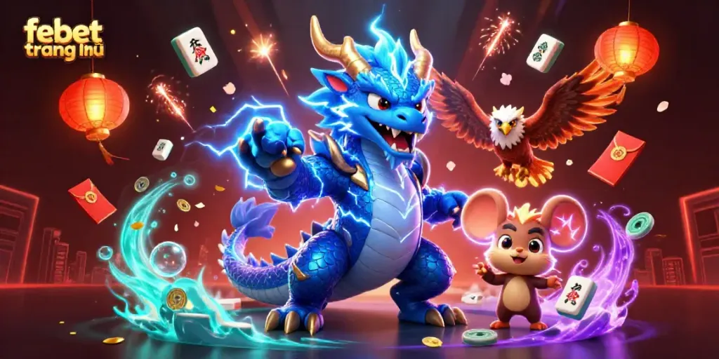 Experience the thrill at febet trang chủ with a vibrant 3D scene showcasing mythical creatures and festive game elements.