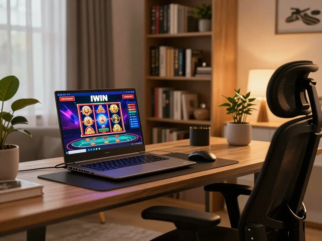 IWIN online casino gaming setup with vibrant slot machines on a stylish gaming laptop