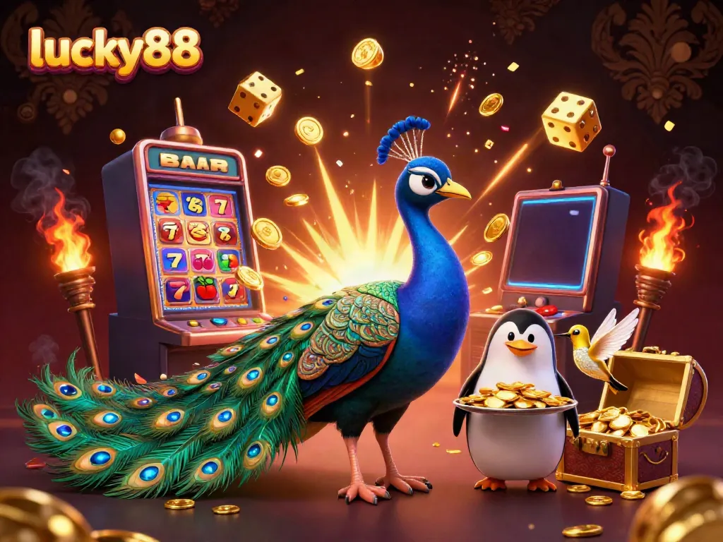 Experience excitement at lucky88 with a dynamic 3D slot machine surrounded by vibrant gaming elements.