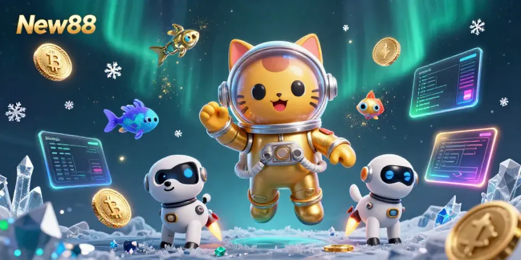 Experience thrilling gaming with New88, featuring a vibrant 3D casino scene filled with cryptocurrencies and galactic elements.