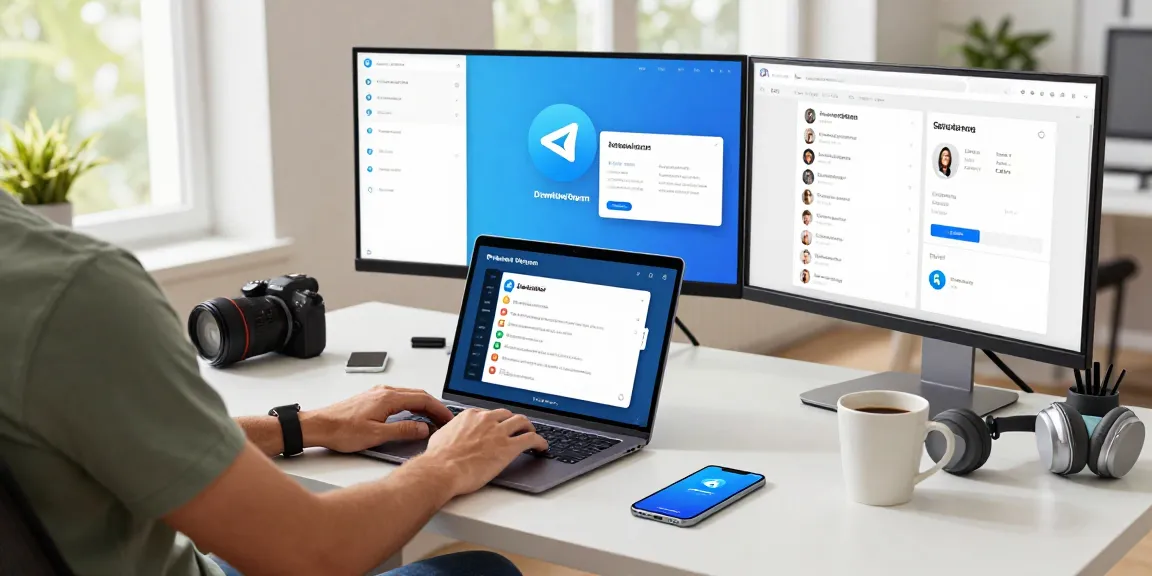 Download Telegram on a modern tech workspace, showcasing app interface and chat features.