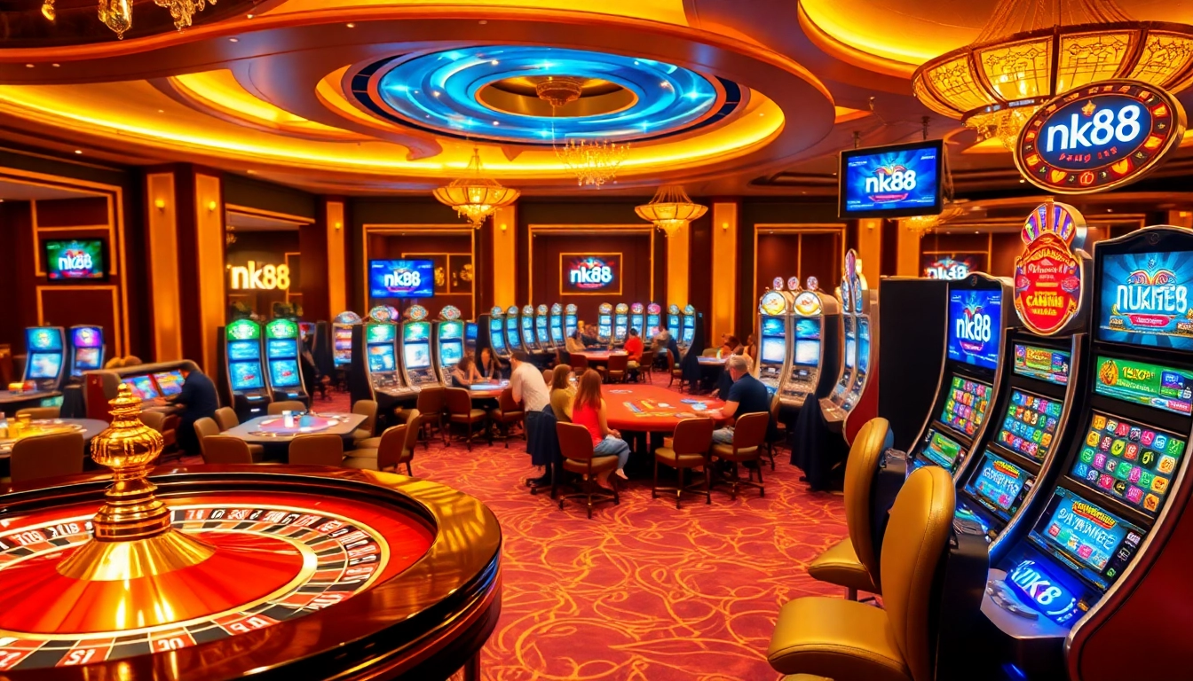 Engaging gamblers at a luxurious casino showcasing the nk88 app, vibrant slots, and a thrilling atmosphere.