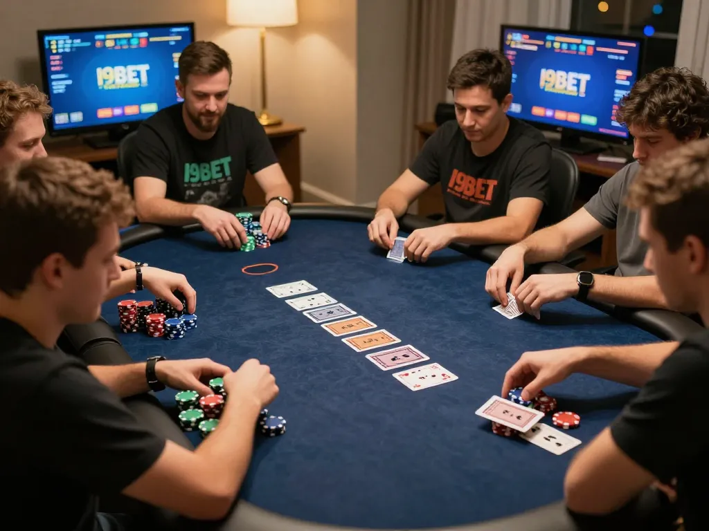 I9BET players strategizing during a competitive online poker game with vibrant chips and cards.