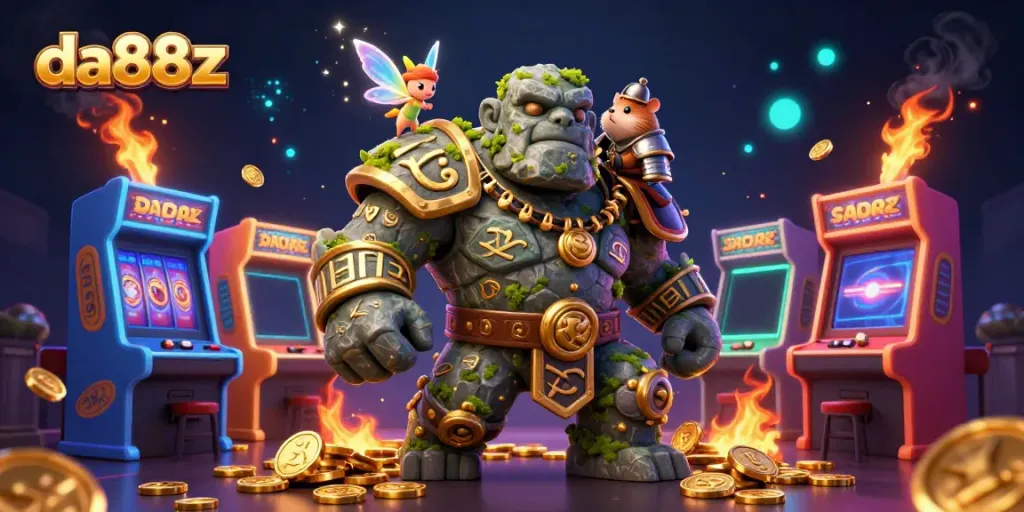 Experience the magic of da88z with a lively 3D illustration of a golem guardian surrounded by casino game elements.