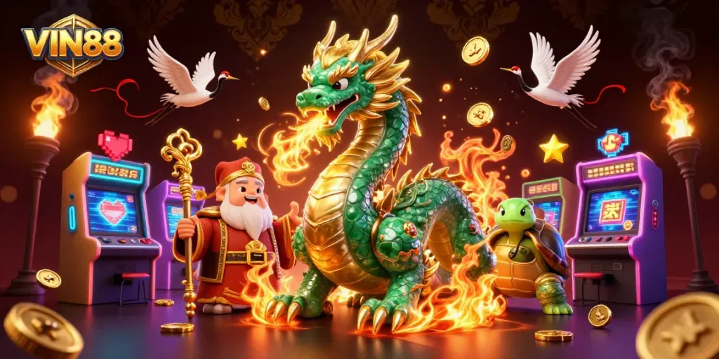 Experience thrilling gaming adventures at VIN88 with vibrant 3D illustrations of dragons and characters.