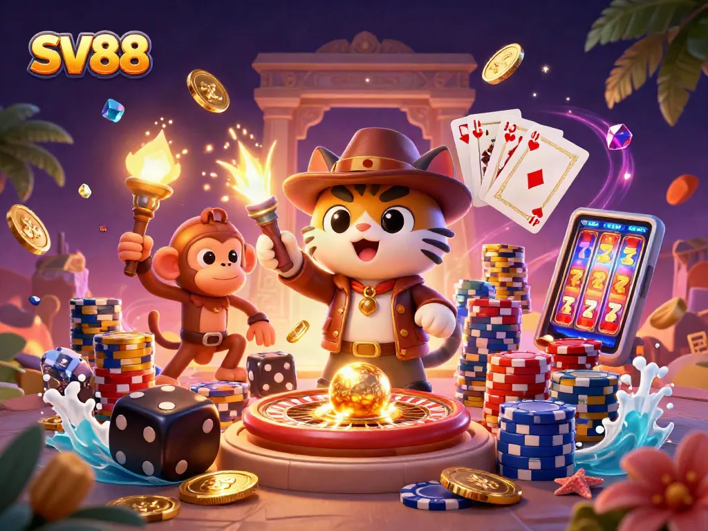 SV88 showcases a cat explorer finding a golden casino artifact amidst vivid casino elements.