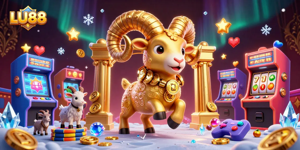 LU88 showcases a massive golden ram charging through a vibrant casino scene filled with slot reels.