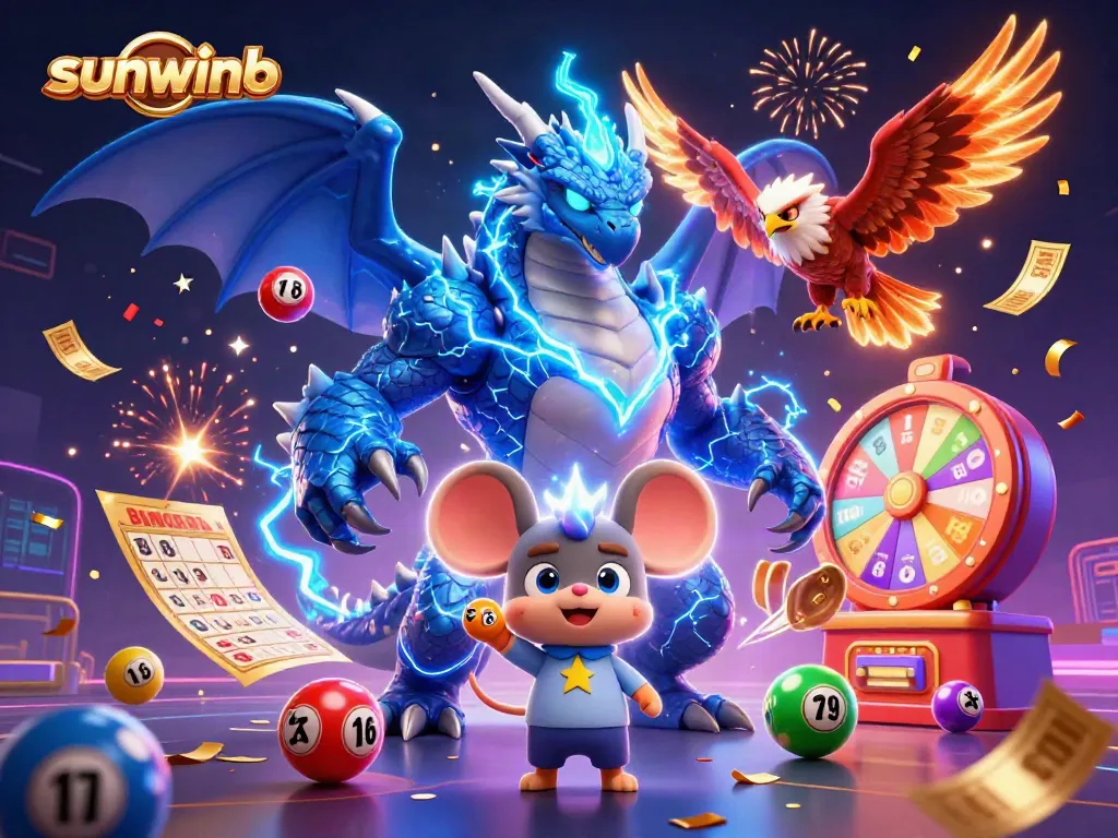 Engage with sunwinb's exciting jackpot gaming atmosphere highlighted by lottery elements and vibrant characters.