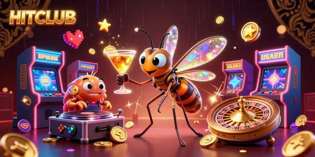 Engage in HITCLUB's vibrant casino experience with a dynamic scene featuring lively characters and exciting game visuals.