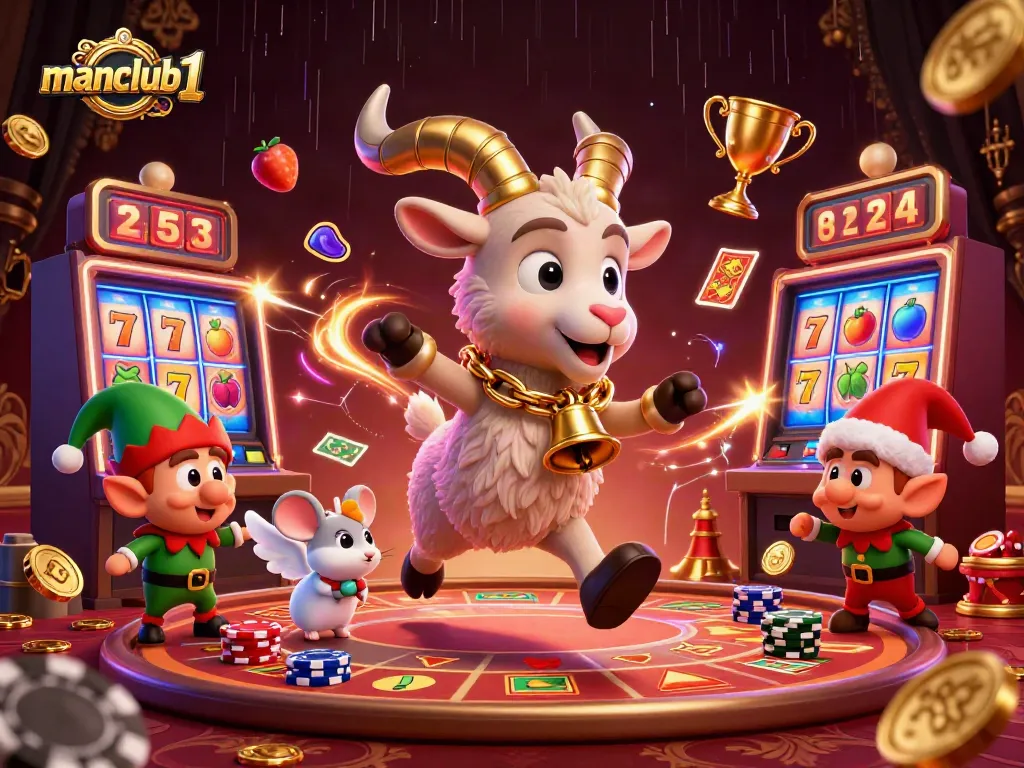 Experience the thrill of winning with manclub1 as the Krampus goat oversees a festive casino scene filled with excitement.
