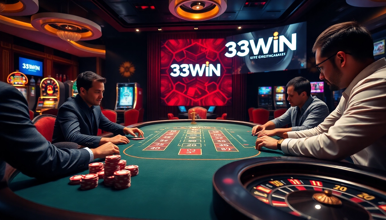 33WIN casino players strategizing at an elegant table illuminated in luxury.