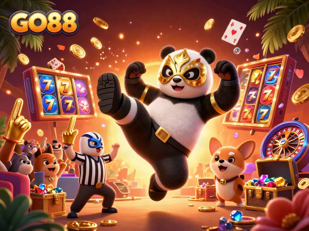 Experience GO88 excitement with a dynamic 3D scene of a wrestler panda and chihuahua referee celebrating big casino wins.