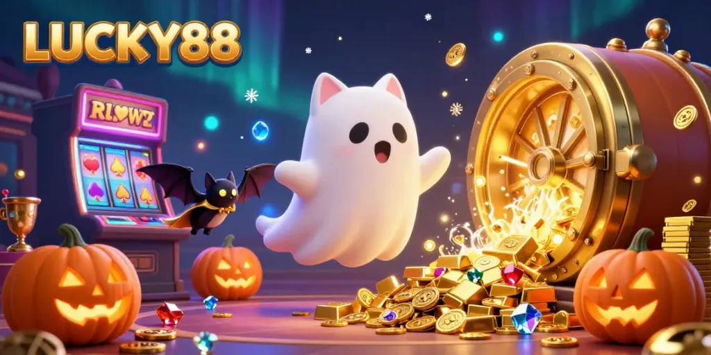 Experience the thrill of LUCKY88 in a vibrant casino with ghostly charm and treasure.