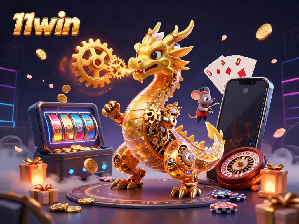 Engage with 11win's exciting gaming scene featuring a golden dragon and casino elements.