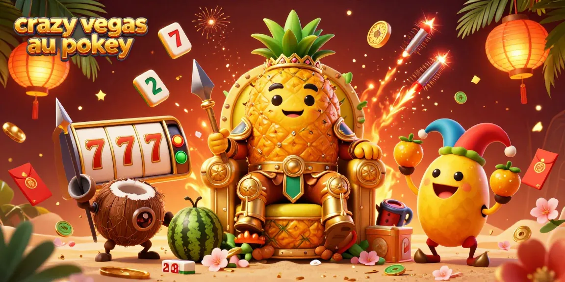 Experience excitement with crazy vegas au pokies in a vibrant casino scene featuring a pineapple king, jester, and dynamic gaming elements.
