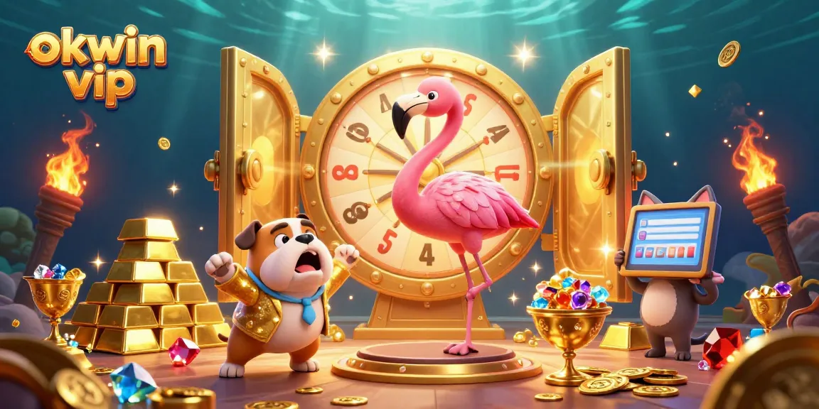 Spin the giant prize wheel with the vibrant okwin vip game show scene full of jewels and gold lighting.