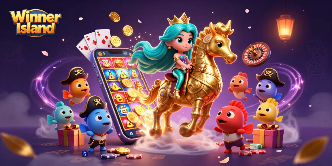 Winner Island casino illustration featuring a mermaid princess and a seahorse amidst vibrant gaming elements.