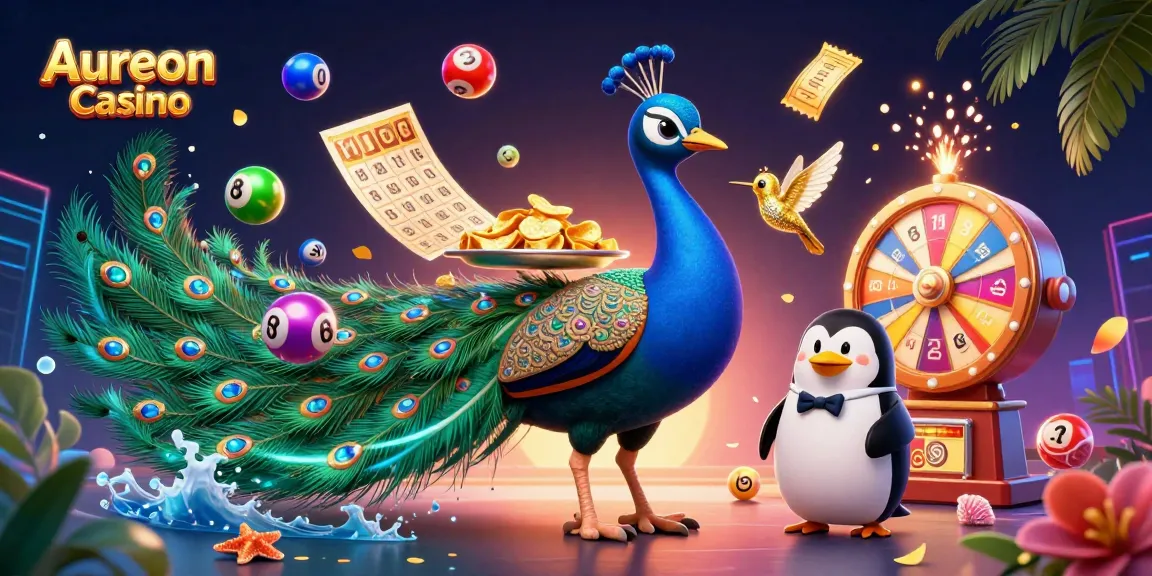 Aureon Casino showcases a vibrant 3D scene featuring a peacock, penguin, and hummingbird amidst dynamic casino elements.