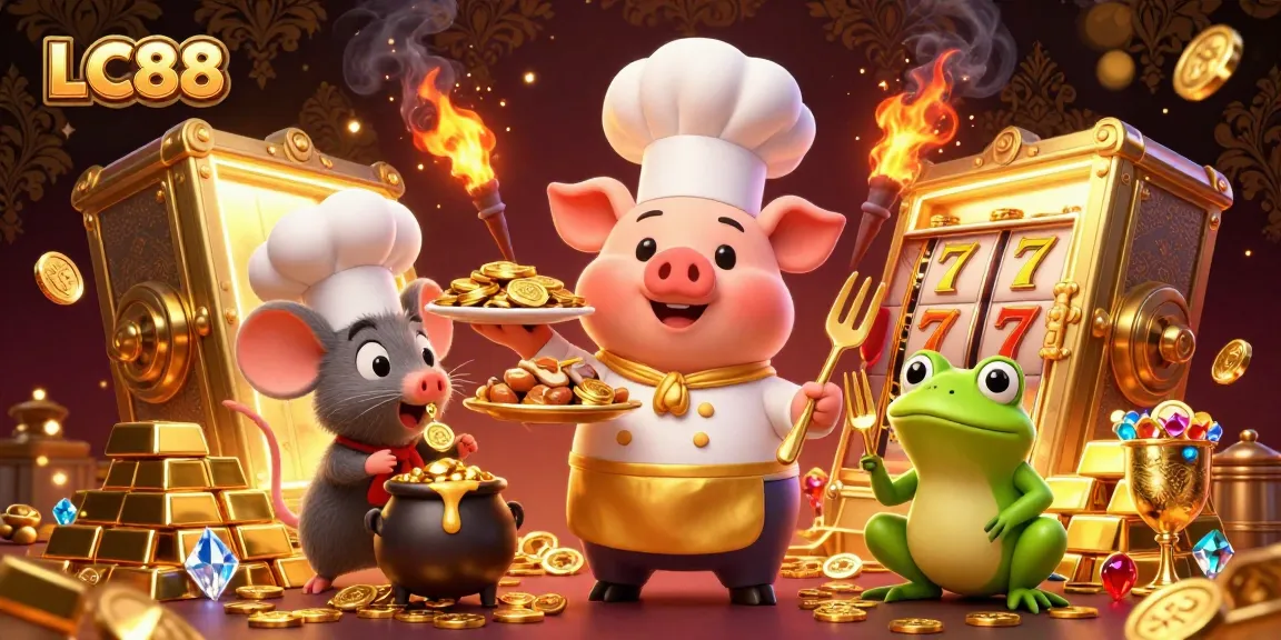 Engage with LC88's vibrant casino world featuring a chef pig, gold treasures, and entertainment.