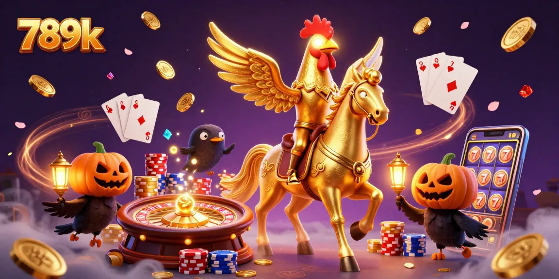 Experience thrilling wins at 789k with golden rooster and spectral horse in a vibrant casino setting.