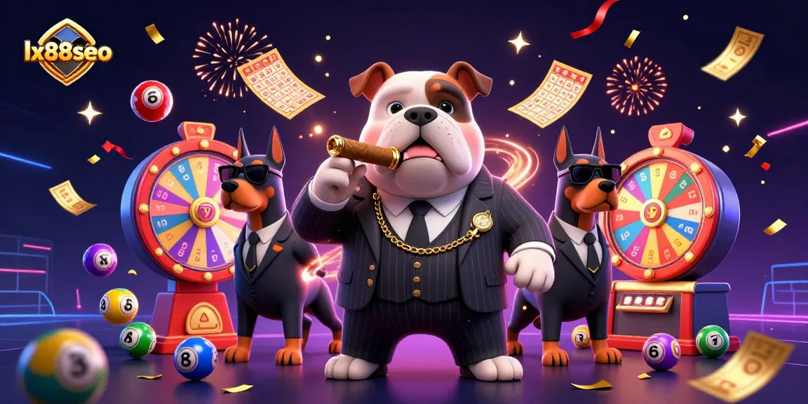 Experience the excitement of winning at lx88seo with a dynamic casino illustration featuring a bulldog mafia boss and lottery elements.