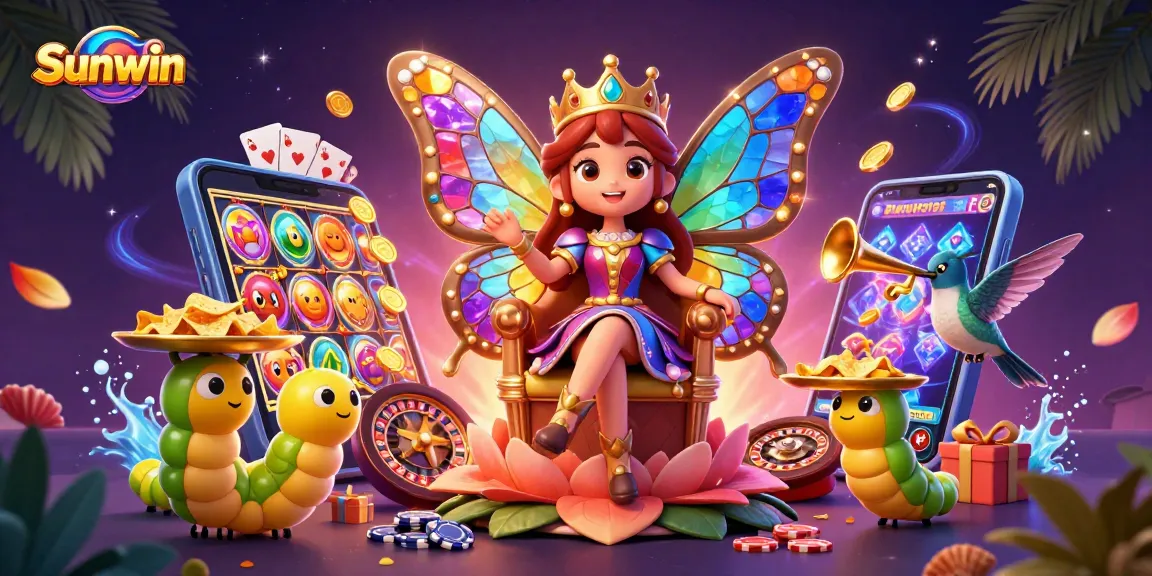 Win big with Sunwin's vibrant casino game illustration featuring a butterfly queen and gaming elements.