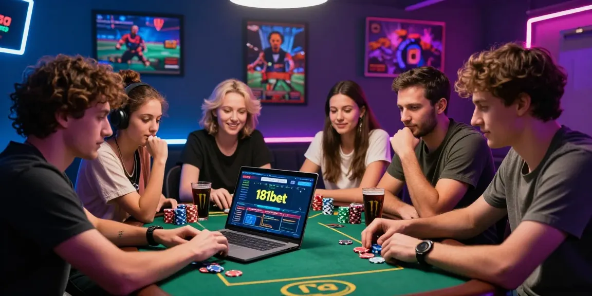Friends enjoying an online betting experience with 181bet on a laptop in a colorful gaming setup.