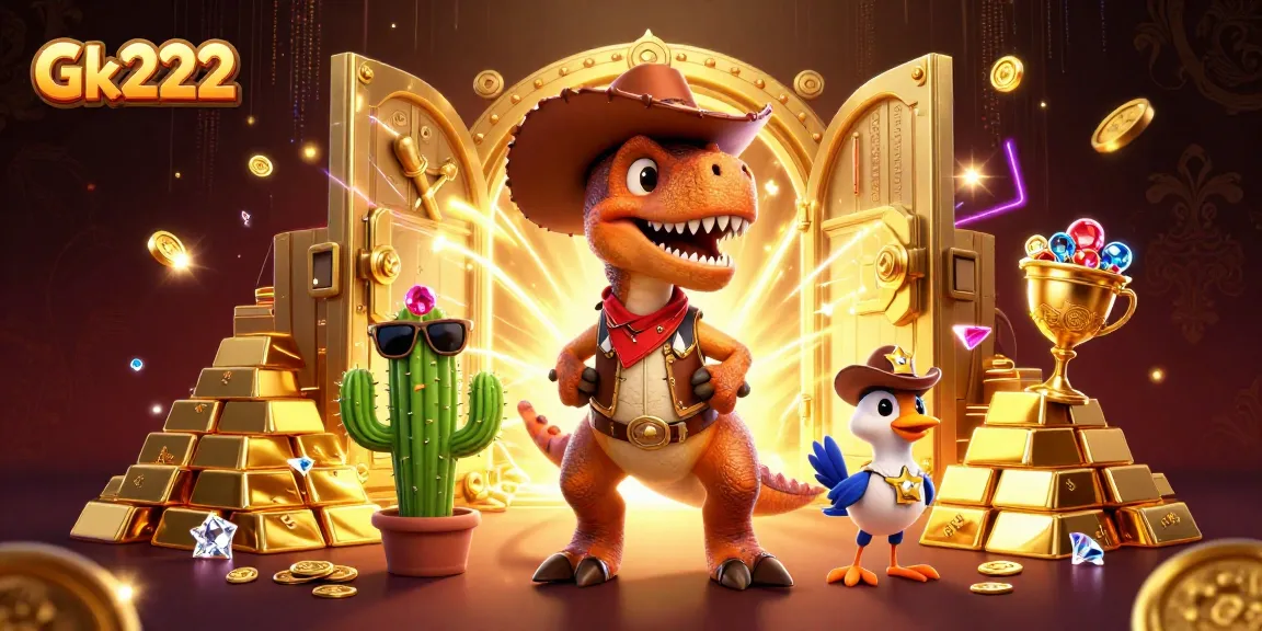 Spin to win with Gk222's vibrant gaming scene featuring a cowboy dinosaur and treasures!