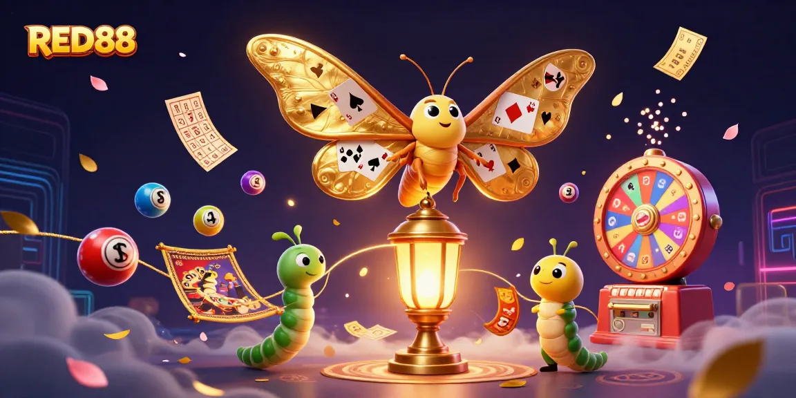 Play thrilling games at RED88, featuring lively lottery balls, a golden lantern, and vibrant casino scenes.