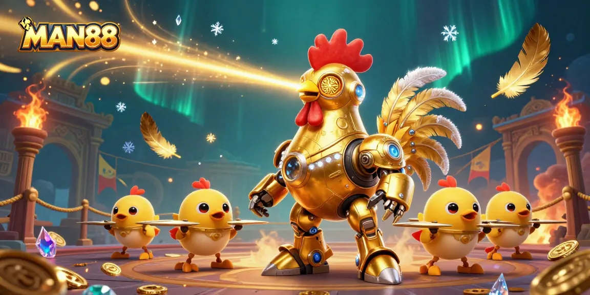 Engage in thrilling betting at MAN88 with dynamic casino action featuring a golden rooster robot.